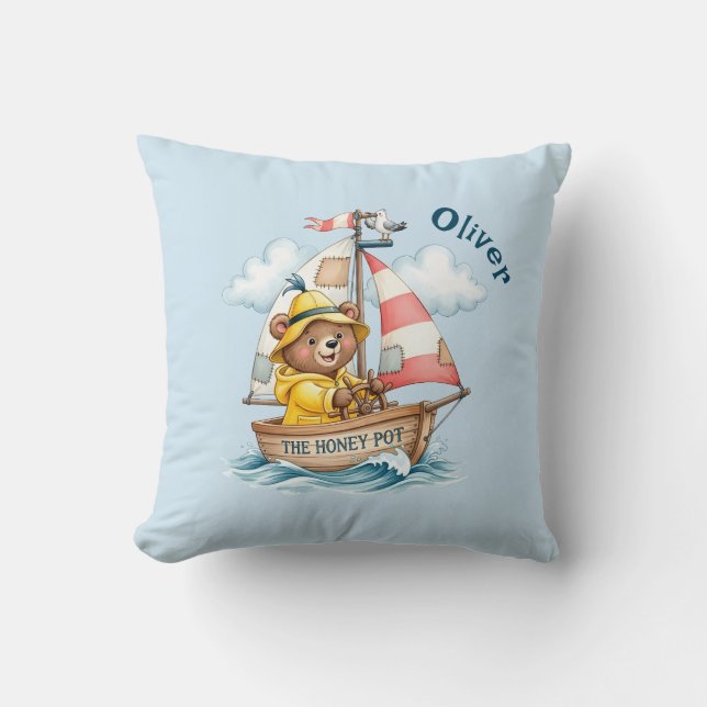 Cojín Decorativo Whimsical Sailor Bear on Sailboat (Anverso)