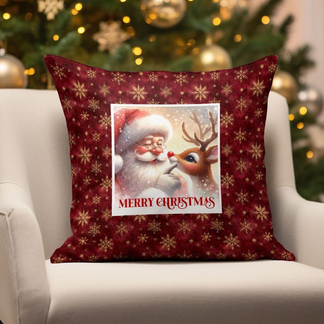 Cojín Decorativo Whimsical Santa Rudolph Pillow Christmas Happiness (Whimsical Santa Rudolph Pillow Christmas Happiness)