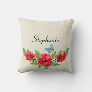 Cojín Decorativo Whimsical Vintage Red Poppy Acuarela Con Nombre