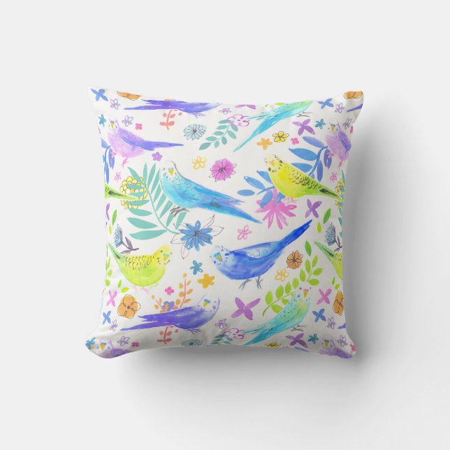 Cojín Decorativo Whimsical Watercolour Budgie Parakeets (Anverso)