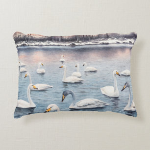 Cojín Decorativo White mute swan on a lake. Watercolor paintingswan