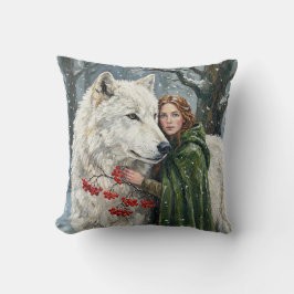 Cojín Decorativo White Wolf Redhead Druid Winter Berries Fantasy Ar