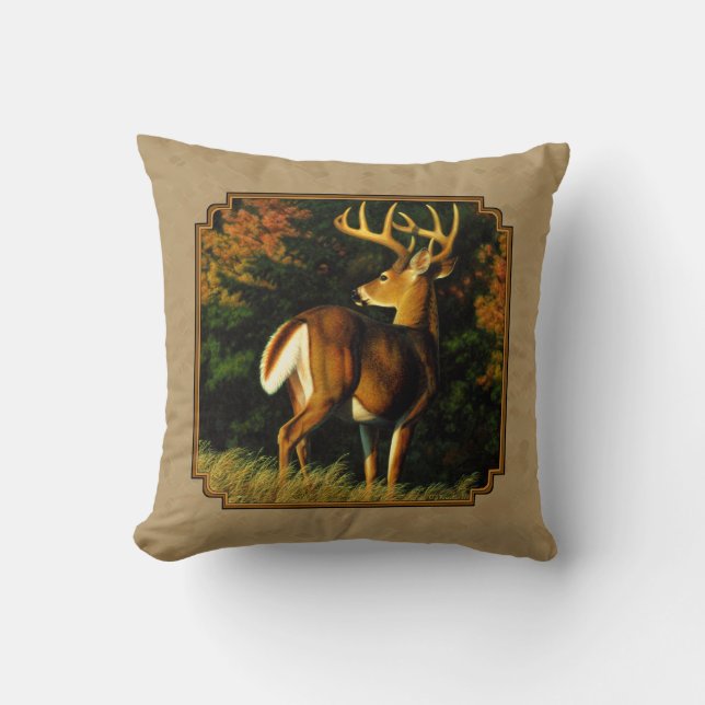 Cojín Decorativo Whitetail Buck Deer Hunting Tan (Anverso)