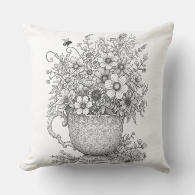 Cojín Decorativo Wildflowers & Honey Bee Ink Sketch Throw Pillow (Anverso)