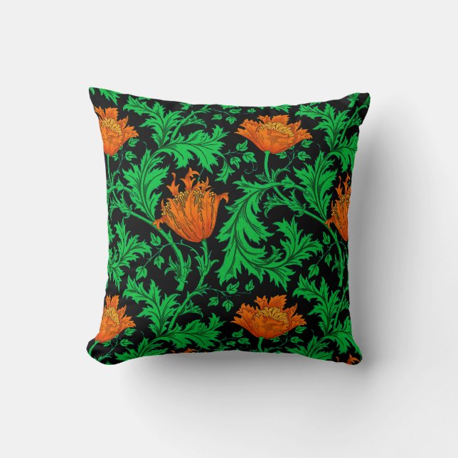 Cojín Decorativo William Morris Anemone, Naranja, verde y negro (Anverso)
