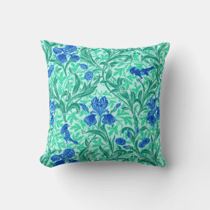 Cojín Decorativo William Morris Irises, Cobalt Blue, Aqua y Verde a