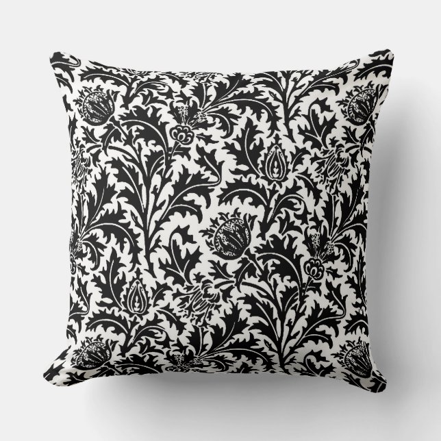 Cojín Decorativo William Morris Thistle Damask, negro sobre blanco (Anverso)