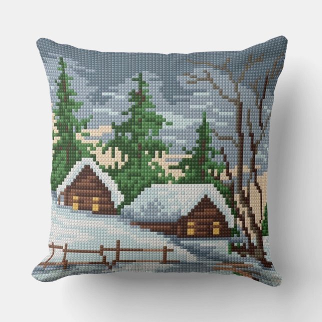Cojín Decorativo Winter Cabin Cross Stitch Style Throw Pillow (Anverso)