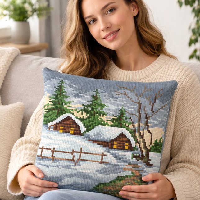 Cojín Decorativo Winter Cabin Cross Stitch Style Throw Pillow (Subido por el creador)
