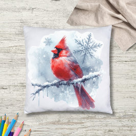 Cojín Decorativo Winter Cardinal with Snowflakes on Icy Branch