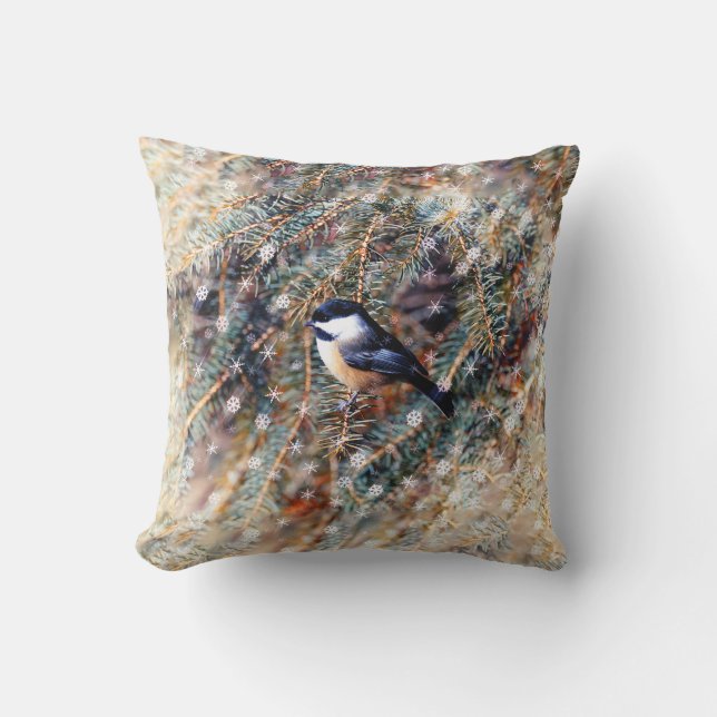 Cojín Decorativo Winter Chickadee Bird Pine Branch Snow (Anverso)