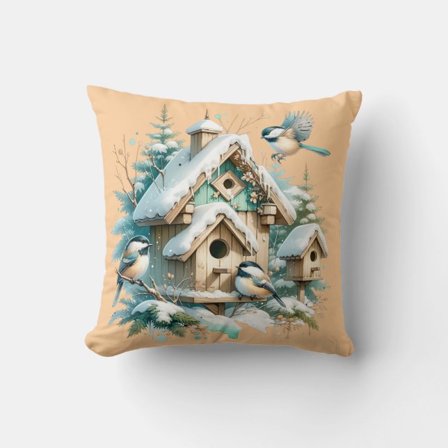 Cojín Decorativo Winter Chickadee Birdhouse (Anverso)