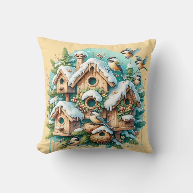 Cojín Decorativo Winter Chickadee Birdhouse (Anverso)