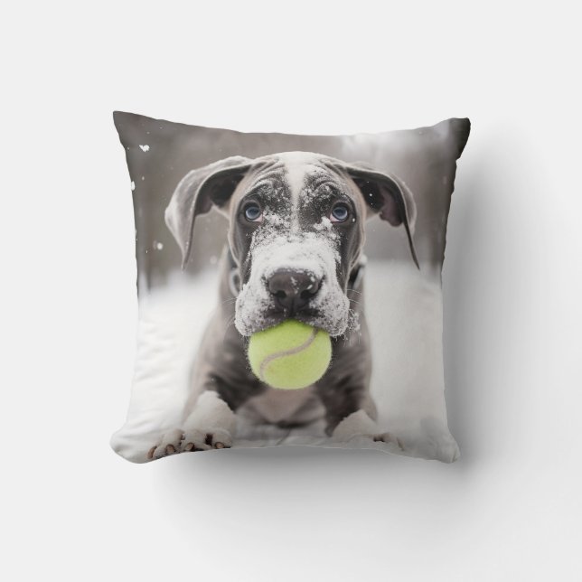 Cojín Decorativo 🐕 Winter Great Dane cachorro con 🎾 pelotas de te (Anverso)