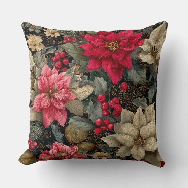 Cojín Decorativo Winter Holiday Poinsettias And Berries Floral (Anverso)