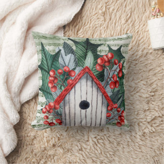Cojín Decorativo Winter Holly y Birdhouse Watercolor