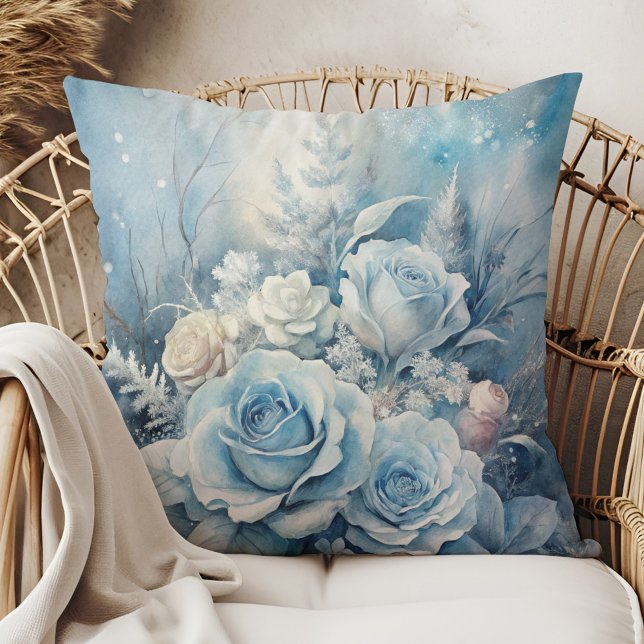Cojín Decorativo Winter Magic Blue Rose Floral Pillow (Winter Magic Blue Rose Floral Pillow in a boho rattan armchair.)