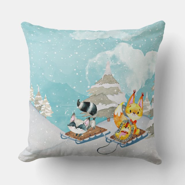 Cojín Decorativo Winter Woodland Friends - Ilustracion Fox Hedgehog (Anverso)