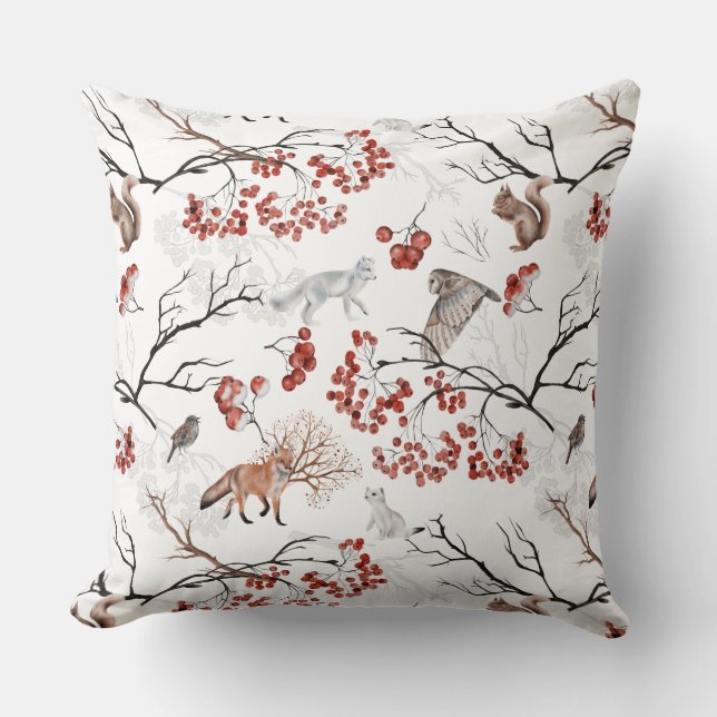 Cojín Decorativo Winter Woodland Wildlife Fox Squirrel Berries Twig (Anverso)