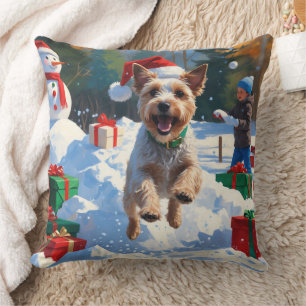 Cojín Decorativo Wire Fox Terrier corriendo en la nieve con sombrer