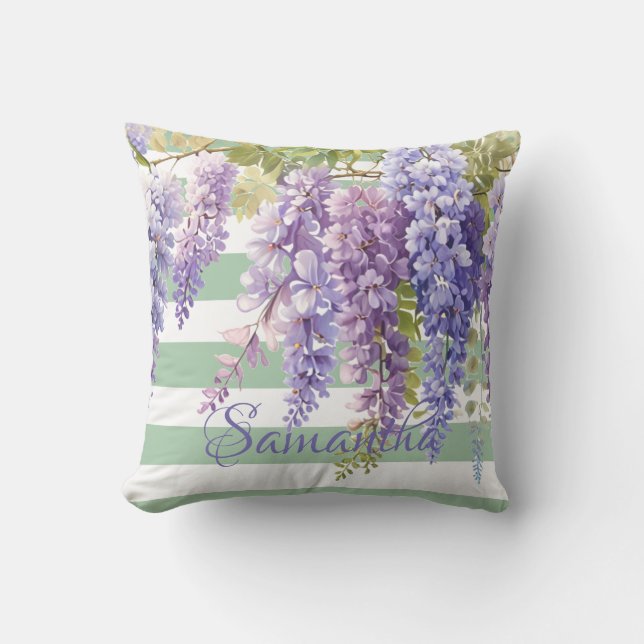 Cojín Decorativo Wisteria acuarela tiras verdes florales (Anverso)
