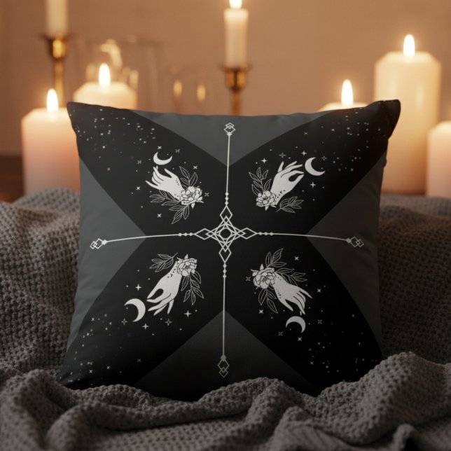 Cojín Decorativo Witchy Noir Celestial Moon Black and White (Unleash the magic of the night with a captivating "Witchy Noir" Celestial Throw Pillow)