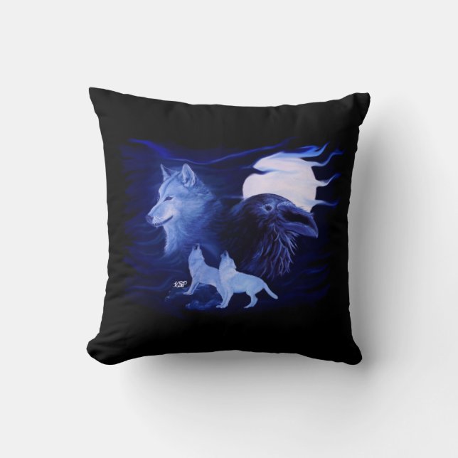 Cojín Decorativo Wolf y Raven con luna llena (Anverso)