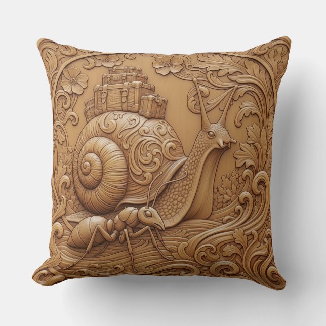 Cojín Decorativo Wood carving effect Throw Cushion snail and ant (Anverso)