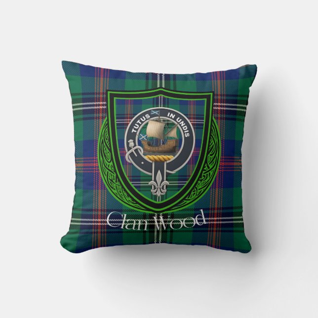 Cojín Decorativo Wood Scottish Clan Tartán y Escudo (Anverso)