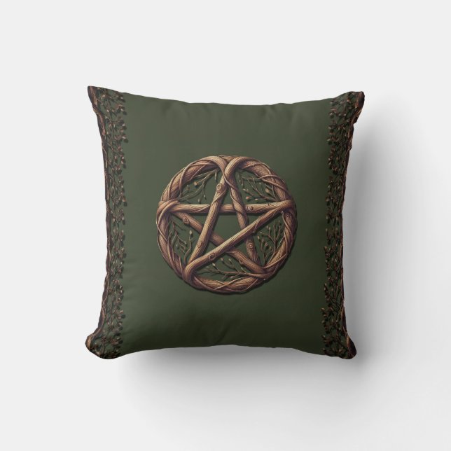 Cojín Decorativo Wood Twig Pentacle Olive Green Wiccan (Anverso)