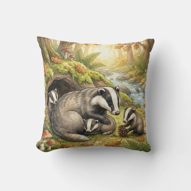Cojín Decorativo Woodland Badger Family Kids (Anverso)
