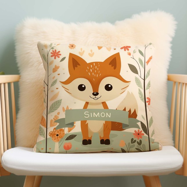 Cojín Decorativo Woodland Cute Fox, animales bebés, nombre personal (Gender Neutral Woodland Fox Nursery Pillow, personalized with name.)