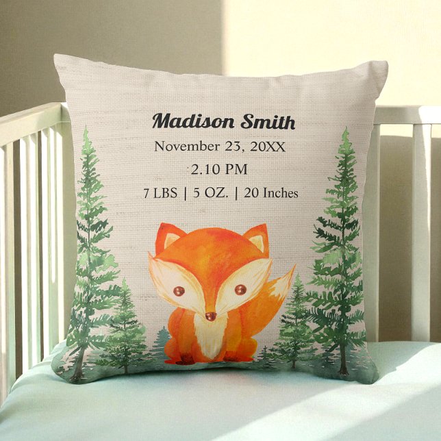 Cojín Decorativo Woodland Fox Birth Stats Brown Nursery (Subido por el creador)