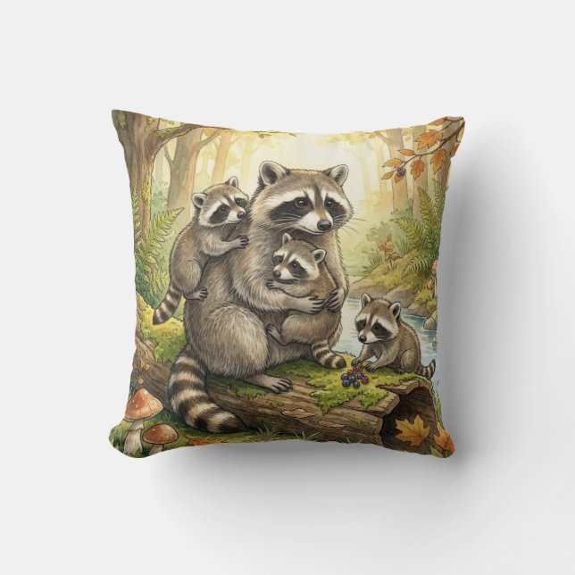 Cojín Decorativo Woodland Raccoon Family Kids (Anverso)