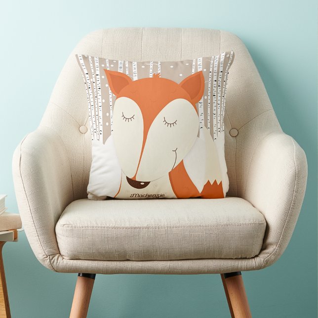 Cojín Decorativo Woodland Red Fox Birch Tree Winter (Red Fox Pillow with Neutral Birch Trees)
