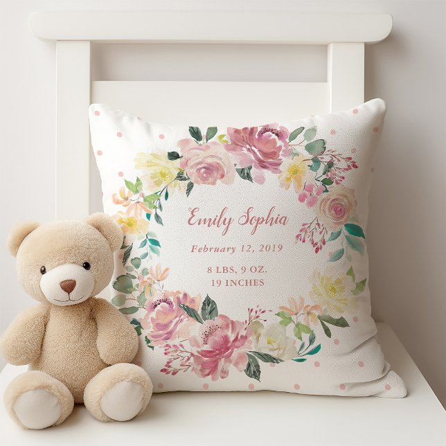 Cojín Decorativo Wreath floral acuarela | Estadísticas de nacimient (A baby birth stats pillow with a pretty floral wreath)
