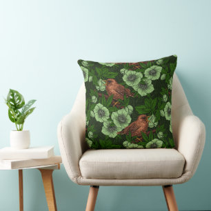 Cojín Decorativo Wren y hellebore en verde oscuro