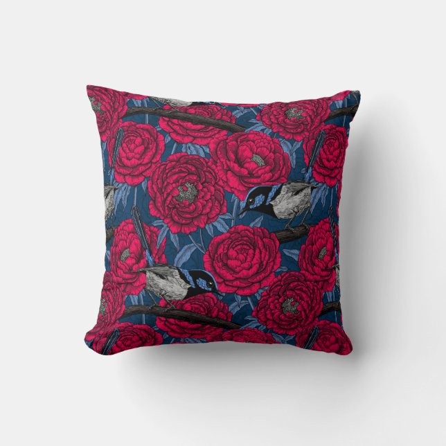 Cojín Decorativo Wrens en las peonías (Anverso)