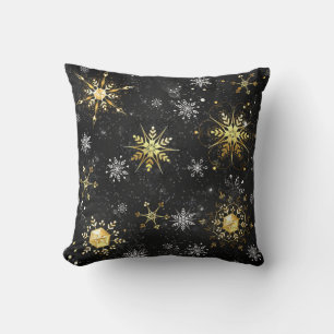 Cojín Decorativo Xmas copos de nieve dorados sobre fondo negro