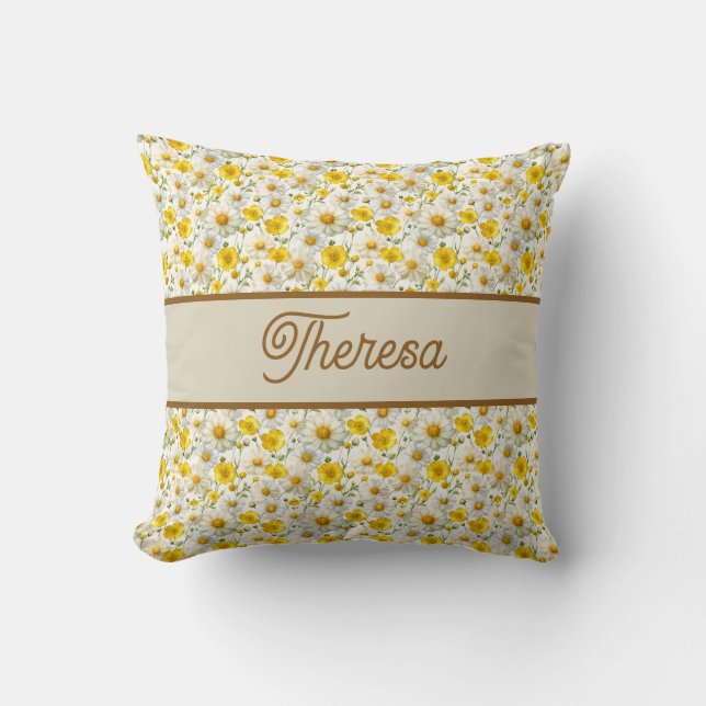 Cojín Decorativo Yellow Wildflowers Pattern Monogram Name (Anverso)