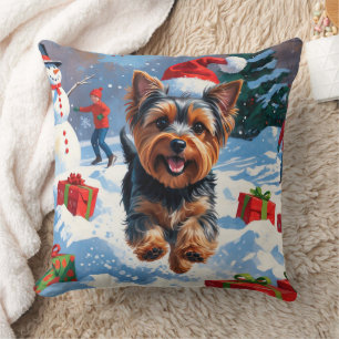 Cojín Decorativo Yorkshire Terrier en Nieve con Gorra Navidad