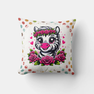 Cojín Decorativo Zebra juguetona con corona rosa rosa
