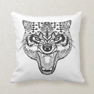 Cojín Decorativo Zentangle inspiró el lobo