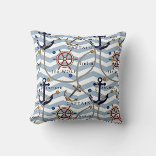 Cojín Decorativo Zigzag blanco azul de la raya del timón náutico