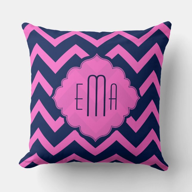 Cojín Decorativo Zigzag Chevron Rosa Y Azul Monogramado (Anverso)