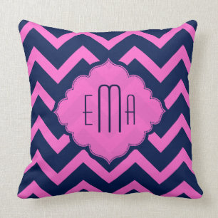 Cojín Decorativo Zigzag Chevron Rosa Y Azul Monogramado