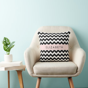 Cojín Decorativo Zigzag negro y blanco, patrón de cheurón, nombre