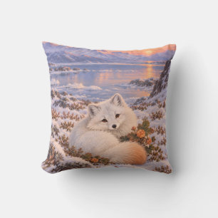 Cojín Decorativo Zorro Ártico Nube de Bayas Atardecer Invernal Lago