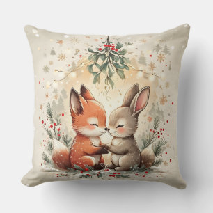 Cojín Decorativo Zorro y conejo lindos de Navidad bajo el muérdago 