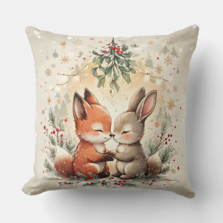 Cojín Decorativo Zorro y conejo lindos de Navidad bajo el muérdago